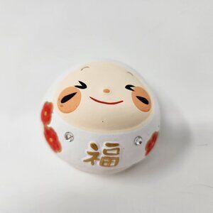 Japanese Daruma Style Ceramic Figurine w Smiling Face Floral Details Good Luck